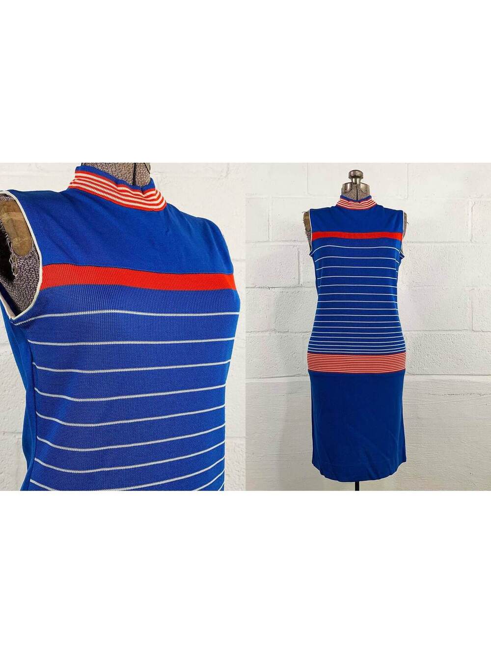 Blue Knit Dress Nautical Sleeveless 1970s Mod Bodycon Striped 1960s Small